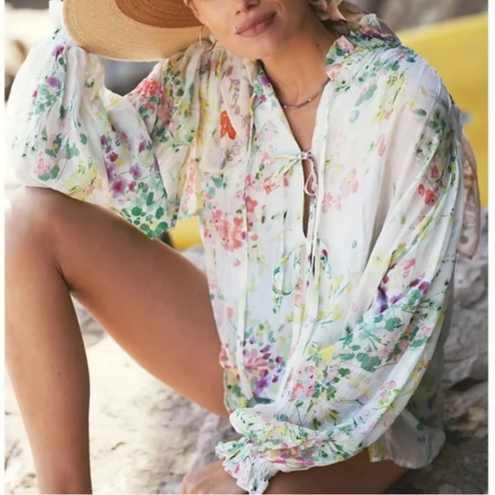 Anthropologie White Floral Tie-Front Blouse - Picture 7 of 13